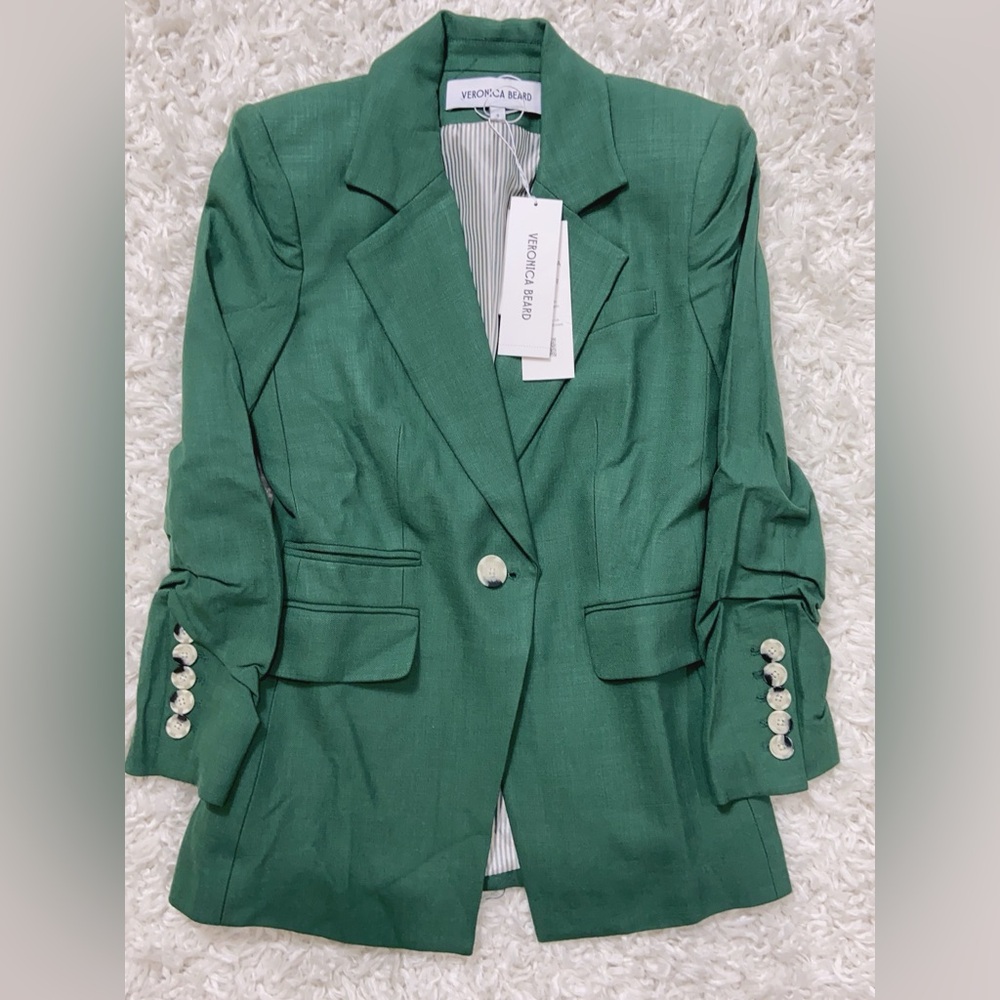 NWT $698 Veronica Beard Battista Dickey Gathered Voile Blazer - Green